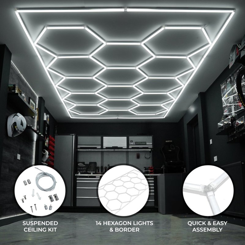 Hexagon LED Lighting 14 Lights & Border Car Detailing Shop Garage Workshop Gym Beauty Salon Showroom Honeycomb Modular Design Bright Pure White 120 Lumens 6500K Colour Temperature 3 Mounting Options