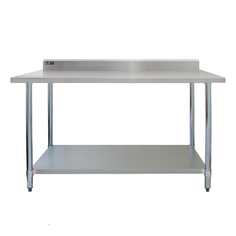 4FT Kitchen Work Bench Catering Table Commercial Stainless Steel Food Prep Surface Restaurant Storage Shelf 250kg Weight Capacity Adjustable Height 10cm Backsplash Upstand 2 x FREE Microfibre Cloths