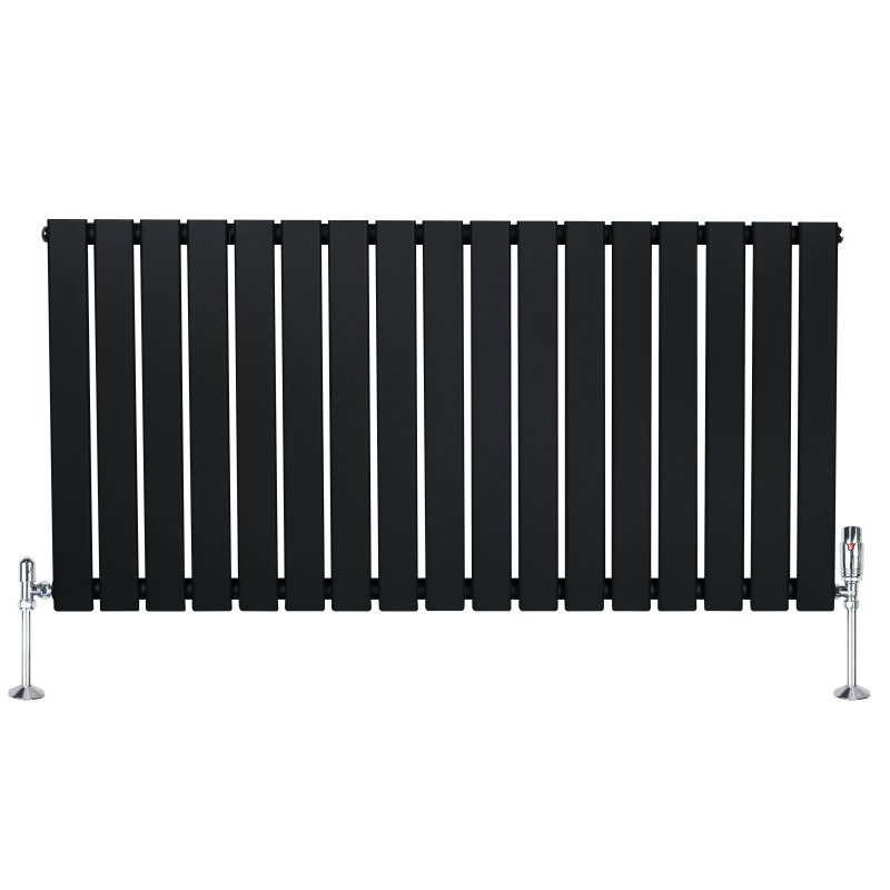 Flat Single Column Radiator & Valves - 600mm x 1190mm - Black