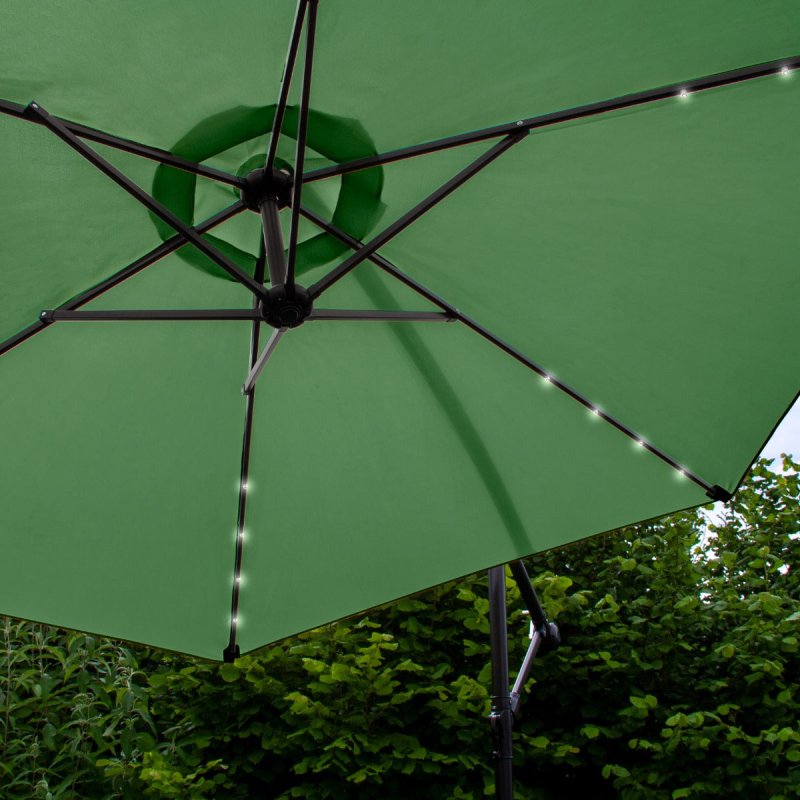 Green LED Cantilever Parasol 3m Banana Hanging Umbrella Garden Sun Shade Canopy Patio 360 Rotation Tilt UV Protection Winding Crank 24 Solar Powered Cool White LED Lights Waterproof Rain Cover & Base