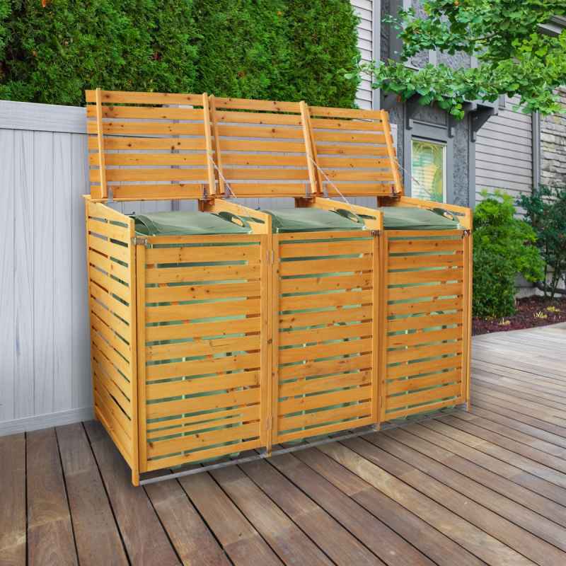 Triple Wheelie Bin Store Strong Wooden Shed Recycling Store Natural Timber Lockable Latched Hinged Firewood Garden Tools Storage FREE Fixing Kit 120cm (H) x 198cm (W) x 81cm (D)