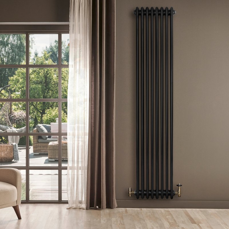 Traditional 4 Column Radiator & Valves - 1800 x 380mm - Black