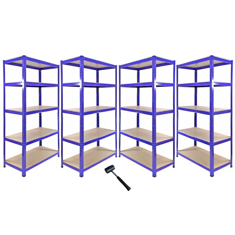 1 x Corner Garage Racking Unit & 4 x Single Racking Storage Units / 5 T-Rax Blue Steel & MDF Shelves / 6925kg capacity / 265kg per shelf / Free Rubber Mallet
