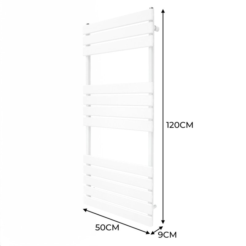 Vertical Towel Radiator Designer Flat Panel 1200mm x 500mm Bathroom Heated Rail Gloss White Central Heating Ladder Heater Wall Mounted Carbon Steel FREE Cleaning Brush Fixing Kit & Brackets