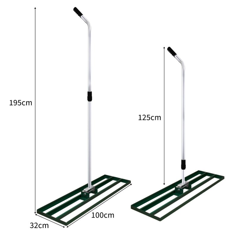 Lawn Leveller 100cm x 32cm Levelling Rake Lute Heavy Duty Lightweight Galvanised Steel Aluminium Green 1.2 - 1.9m Extendable Handle Easy Grip Landscaping Garden Tool Grass Soil Artificial Turf Compost