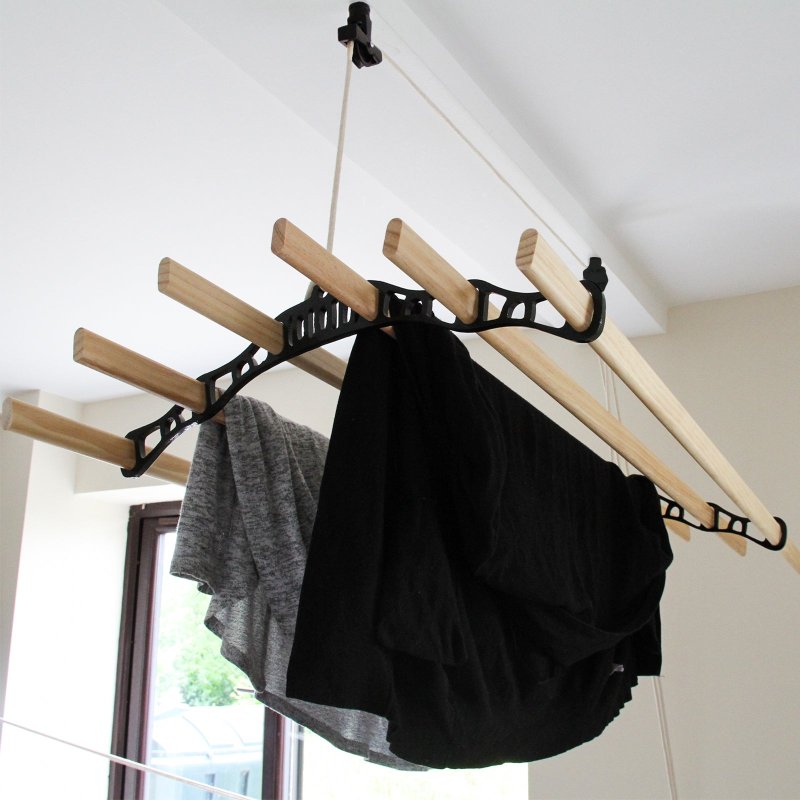 Clothes Airer Ceiling Pulley Maid Traditional Mounted Clothing Dryer 6 Lath Laundry Drying Rack Rail 1.5m Black