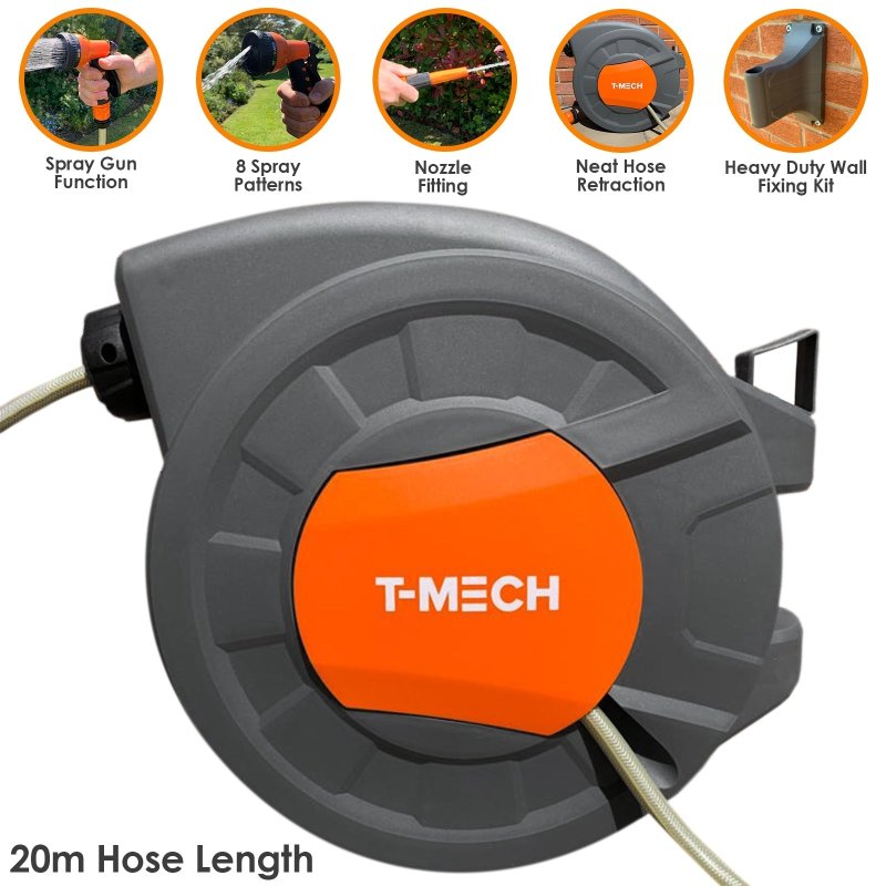 T-Mech Auto Rewind Hose Reel 20m + 2m, Wall-Mounted 8 Spray Nozzle Gun, Neat Retractable Hose-Pipe With Bracket And Fixings, 180?? pivot