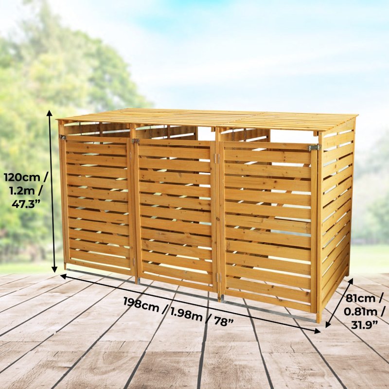 Triple Wheelie Bin Store Strong Wooden Shed Recycling Store Natural Timber Lockable Latched Hinged Firewood Garden Tools Storage FREE Fixing Kit 120cm (H) x 198cm (W) x 81cm (D)