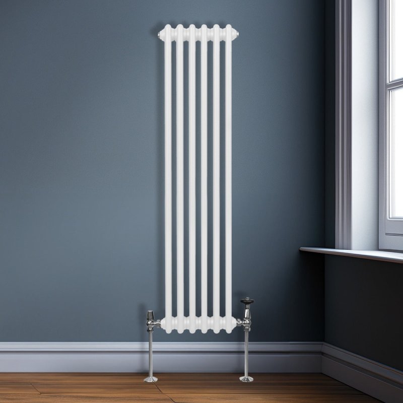 Traditional 2 Column Radiator 1500mm x 292mm Modern Central Heating Heater Gloss White Carbon Steel Vertical Wall Mounted Kitchen Living Room Bathroom Cleaning Brush Fixing Kit & Brackets