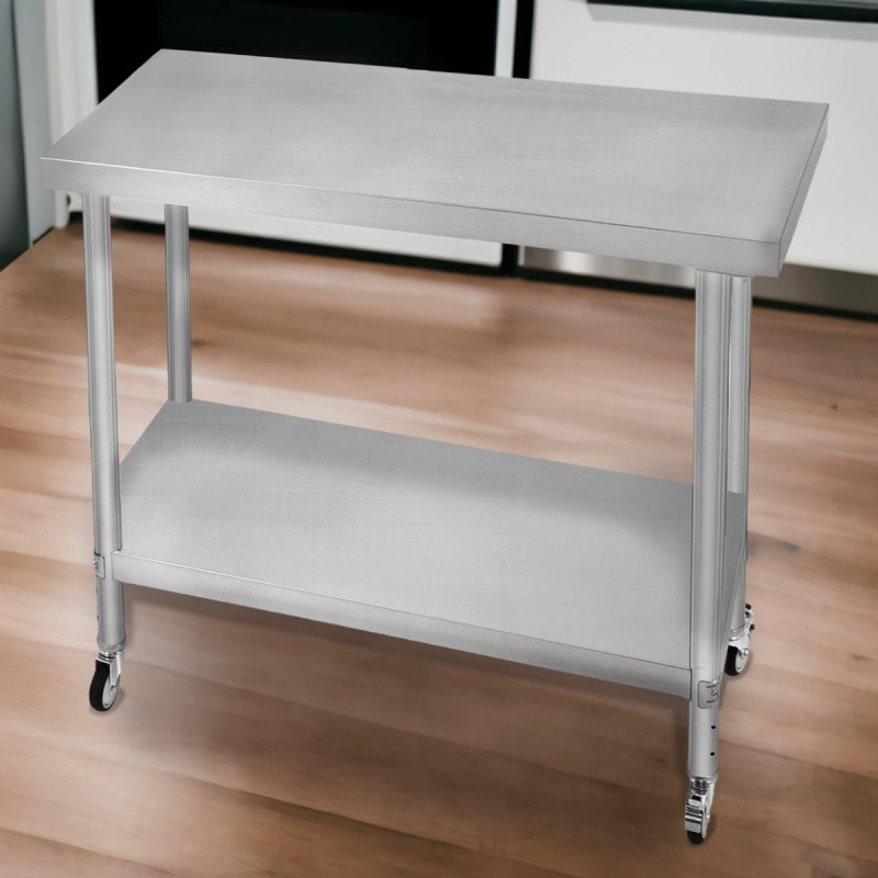 Catering Work Bench Table Stainless Steel Food Prep Kitchen Mobile 4 x Castor Wheels With 2 Brakes & 4 Adaptable Feet Adjustable Lower Shelf 3 Positions 160kg Load Capacity 60cm x 90cm x 86cm