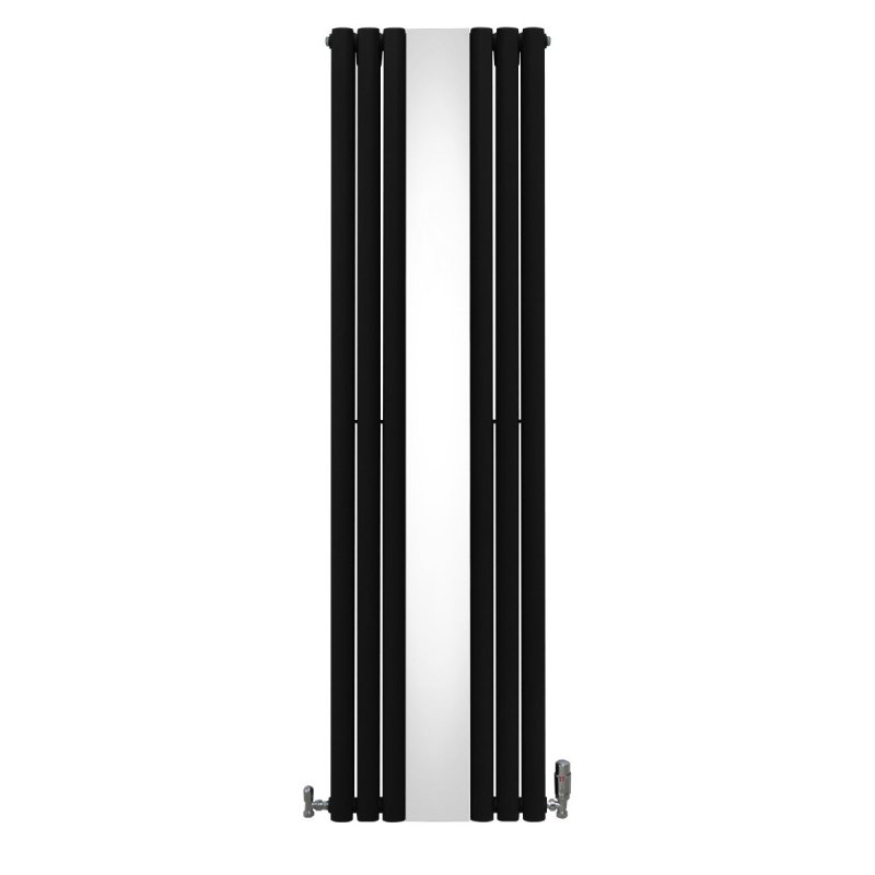 Oval Panel Radiator With Mirror 1800mm x 500mm & TRV Chrome Valves Designer Double Column Vertical Black Carbon Steel Wall Mounted Kitchen Living Room Cleaning Brush Fixing Kit & Brackets