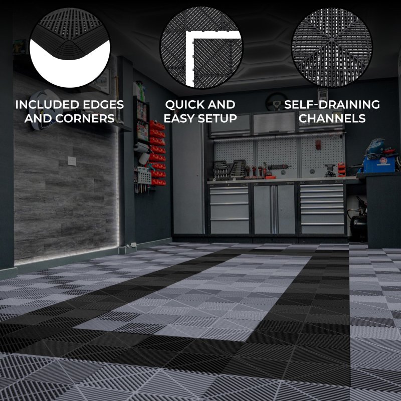 Vented Modular Interlocking Flooring Tiles & Edges 165 Grey & 60 Black Double Garage Heavy Duty Floor Mat Showroom Workshop Outdoor Polypropylene Anti Slip Weather Resistant Drainage 6m x 6m 36m2