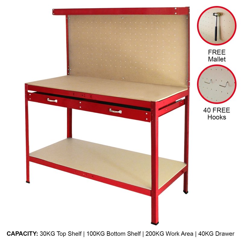 Metal Workbench With Pegboard And Drawer Heavy-Duty Steel Tool Storage Station Unit With Shelves FREE 40 Hooks DIY Workshop Industrial Work-Top Garage Work-table Red