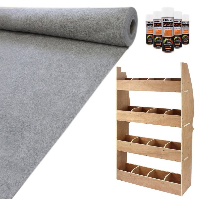 Camper Van Lining Carpet 11m2 Smoke Grey 4 Way Super Stretch & Citroen Berlingo Van Racking Plywood Tool Storage Utility Ply Toolbox Transporter Shelves Rack Unit Motorhome 5 x Adhesive Glue Cans Kit