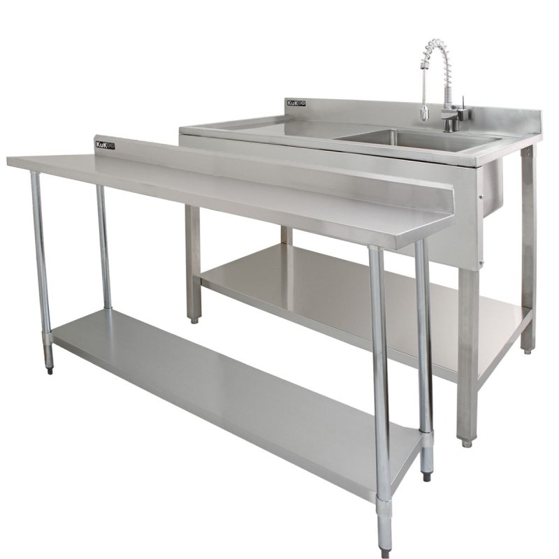 6ft Stainless Steel Catering Bench & 2 Wall Mounted Shelves Commercial Kitchen Work Prep Table Worktop Backsplash 2 Tier Adjustable Heavy Duty Corrosion Resistant FREE Microfibre Cloths & Fixing Kit