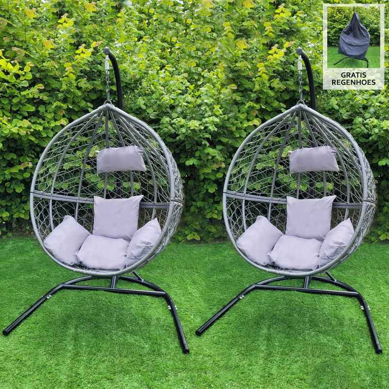 Swing Hanging Egg Chair Rattan Bench Garden Patio Outdoor Indoor Furniture Hammock Basket Seat Grey | with Cushions, Waterproof Cover and Stand