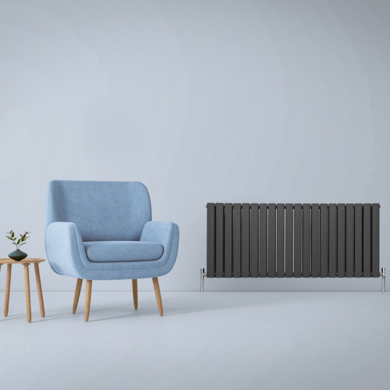 Designer Radiators 60 x 140cm Flat Panel Modern Central Heating Anthracite Grey Horizontal Column Double Panel Wall Mounted Slimline Kitchen Living Room Bathroom Commercial Cleaning Brush & Fixing Kit