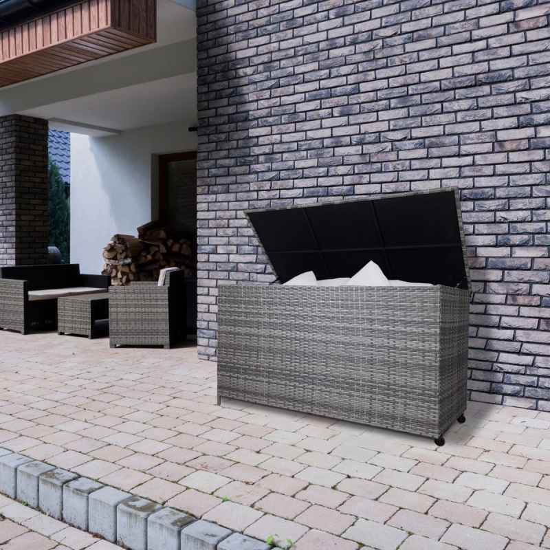 Rattan Garden Storage Grey Box & Waterproof Carry Bag Large Cushion Blanket Tools Toys Furniture Chest 582L Outdoor Patio Deck Steel Frame UV & Weather Resistant Gas Assisted Lift Lid Portable Wheels
