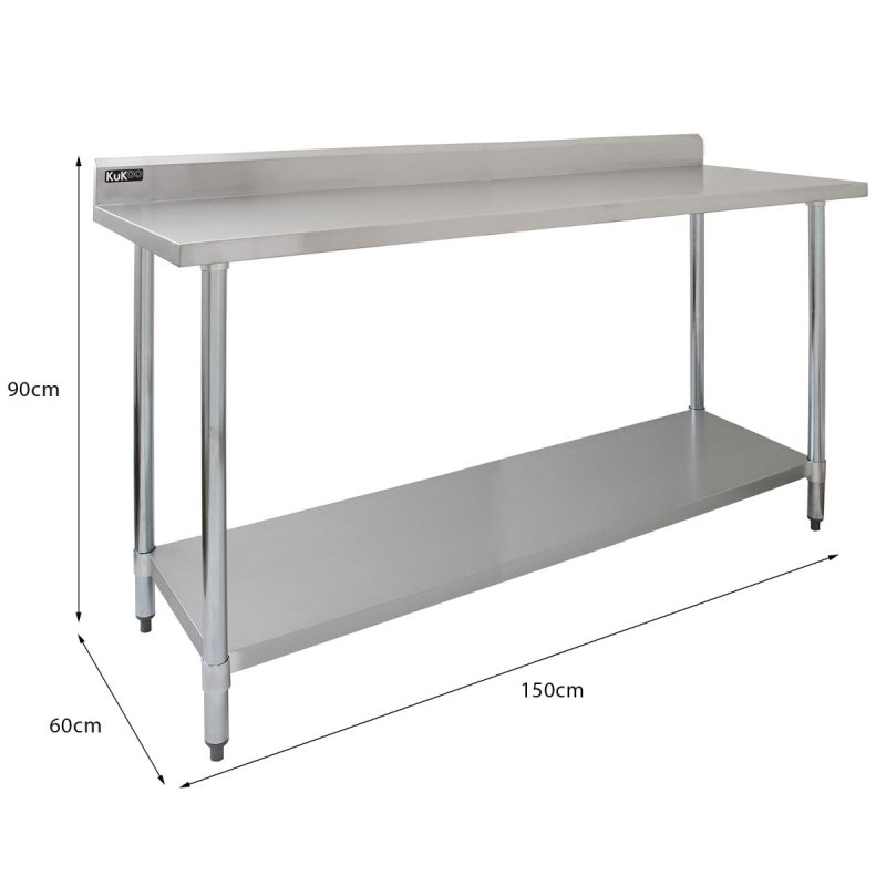 5ft Stainless Steel Catering Bench & 2 Wall Mounted Shelves Commercial Kitchen Work Prep Table Worktop Backsplash 2 Tier Adjustable Heavy Duty Corrosion Resistant FREE Microfibre Cloths & Fixing Kit