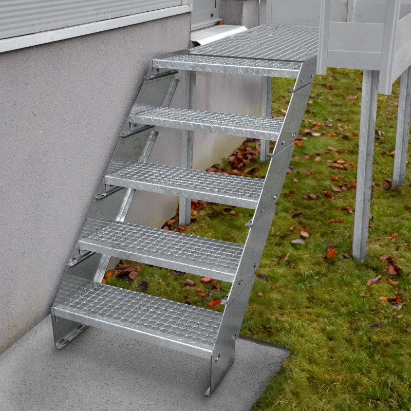 Metal Staircase Additional 1 Step Adjustable Height 90cm / 900mm Wide Galvanised Steel Silver Steps Weatherproof Grate Outdoor Garden Patio Modular Stairs 5mm Rod Thickness FREE Fixing Kit