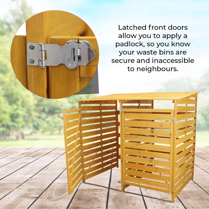 Double Wheelie Bin Storage Shed Store Hideaway Wooden Dustbin Trash Cupboard Outdoor Timber Cover Hinged Lid Lockable Latched Chain Recycling Garden FREE Fixing Kit 122cm (H) x 149cm (W) x 92.5cm (D)