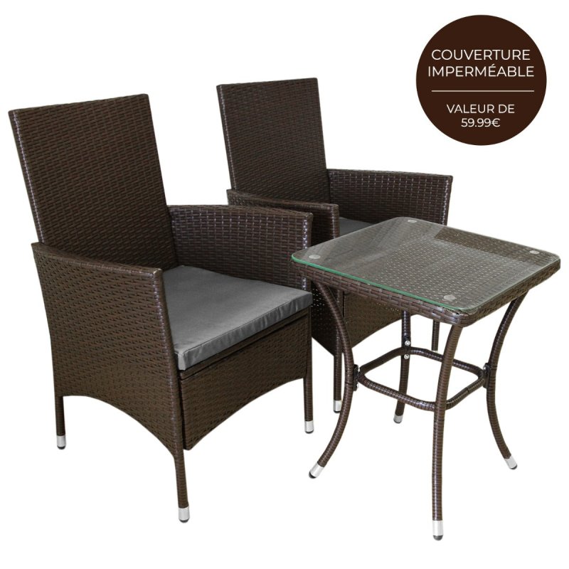 Garden Outdoor Rattan Bistro Set Furniture 3 PCs Patio Weave Companion Chair Table Set Conservatory Balcony 2 Seater Brown FREE Rain Cover