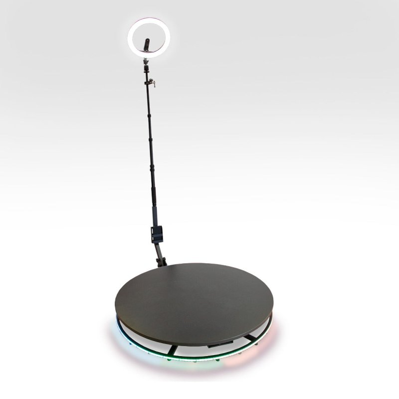 360 Photo Video booth 100cm Platform Rotating Selfie Spinner Party Wedding LED Ring Light Automatic Remote Control Bluetooth Adjustable Arm Slow Motion Battery or Mains Powered Flight Case Money Gun