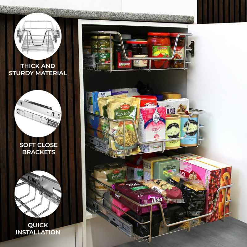 KuKoo 4 x Kitchen Pull Out Soft Close Baskets, 300mm Wide Cabinet, Slide Out Wire Storage Drawers