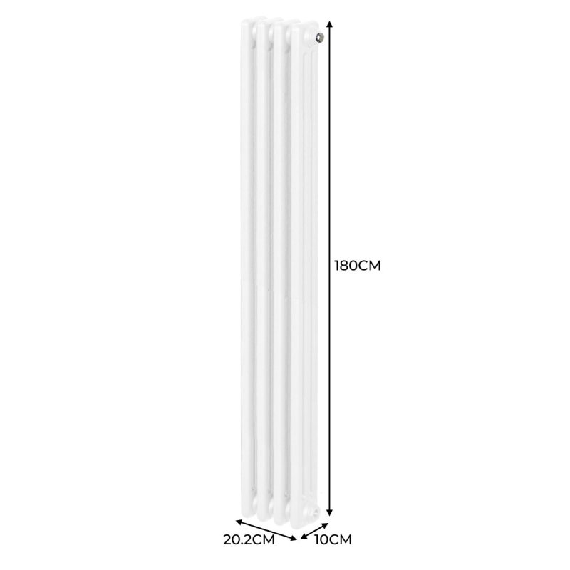 Traditional 3 Column Radiator 1800mm x 202mm Modern Central Heating Heater Gloss White Carbon Steel Vertical Wall Mounted Kitchen Living Room Bathroom Cleaning Brush Fixing Kit & Brackets