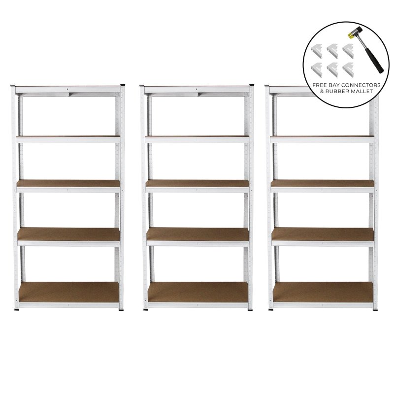 3 Garage Shelving Units 5 Tier Racking Storage Warehouse Bays Industrial Heavy Duty Boltless Steel Shelves / FREE Rubber Mallet & Bay Connectors