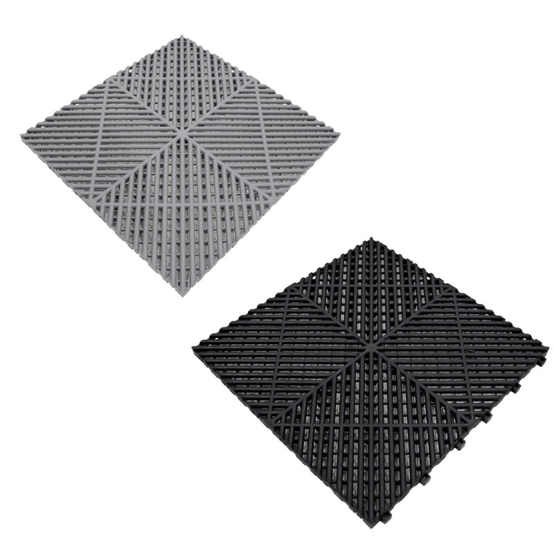 Vented Modular Interlocking Flooring Tiles & Edges 165 Grey & 60 Black Double Garage Heavy Duty Floor Mat Showroom Workshop Outdoor Polypropylene Anti Slip Weather Resistant Drainage 6m x 6m 36m2