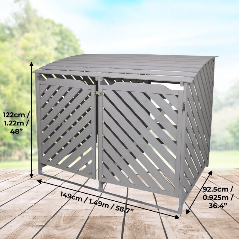 Double Wheelie Bin Storage Shed Wooden Dustbin Store Cupboard Outdoor Grey Wash Timber Cover Lockable Latched Recycling Garden