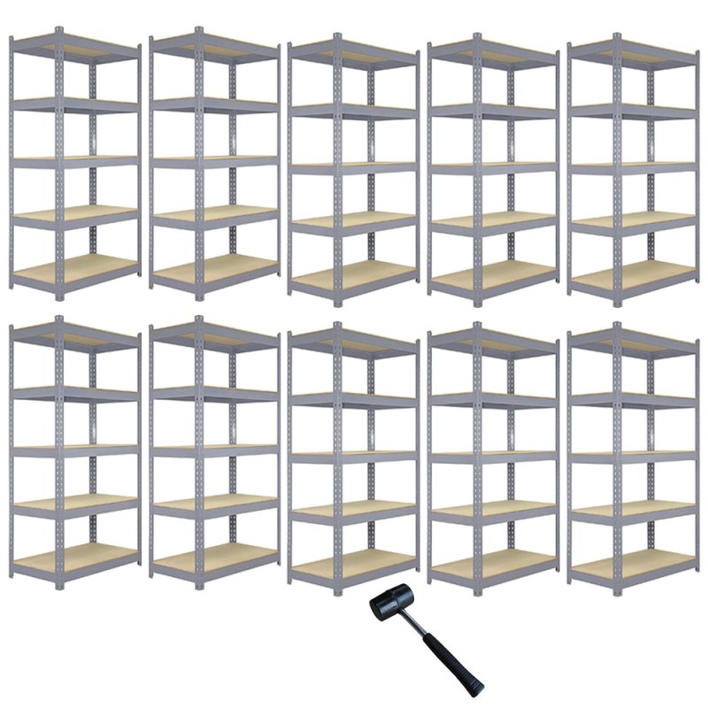 10 x Grey Racking Bay Unit 5 Tier Heavy Duty Steel Metal 200kg capacity Per Shelf Garage Shelves Storage Warehouse Shed Workshop Boltless Shelving 90 x 50 x 180cm Free Rubber Mallet