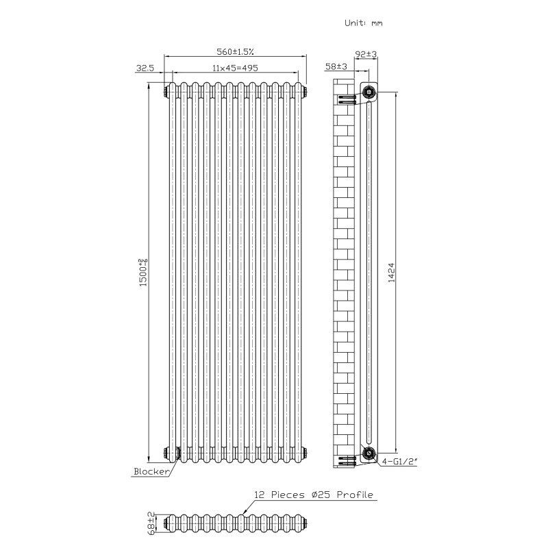 Traditional 2 Column Radiator - 1500 x 560mm - Raw Metal