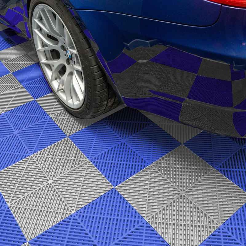 Vented Modular Interlocking Flooring Tiles 120 Grey & 120 Blue With Edges & Hexagon LED Lighting 28 White Lights & Border 6500K 3 Mount Options & Suspended Ceiling Kit Single Garage Floor Mat 6m x 6m