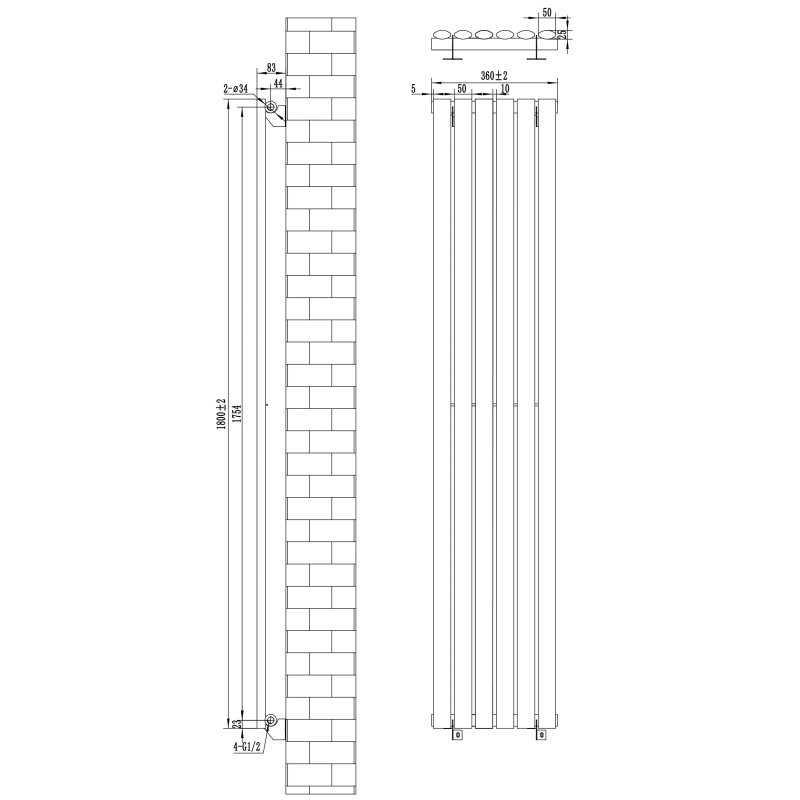 Oval Single Column Radiator - 1800 x 360mm - Black