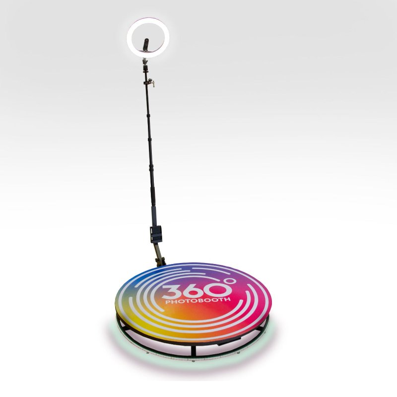 360 Photo Video booth 100cm Platform Rotating Selfie Spinner Party Wedding LED Ring Light Automatic Remote Control Bluetooth Adjustable Arm Slow Motion Battery or Mains Powered Flight Case Money Gun