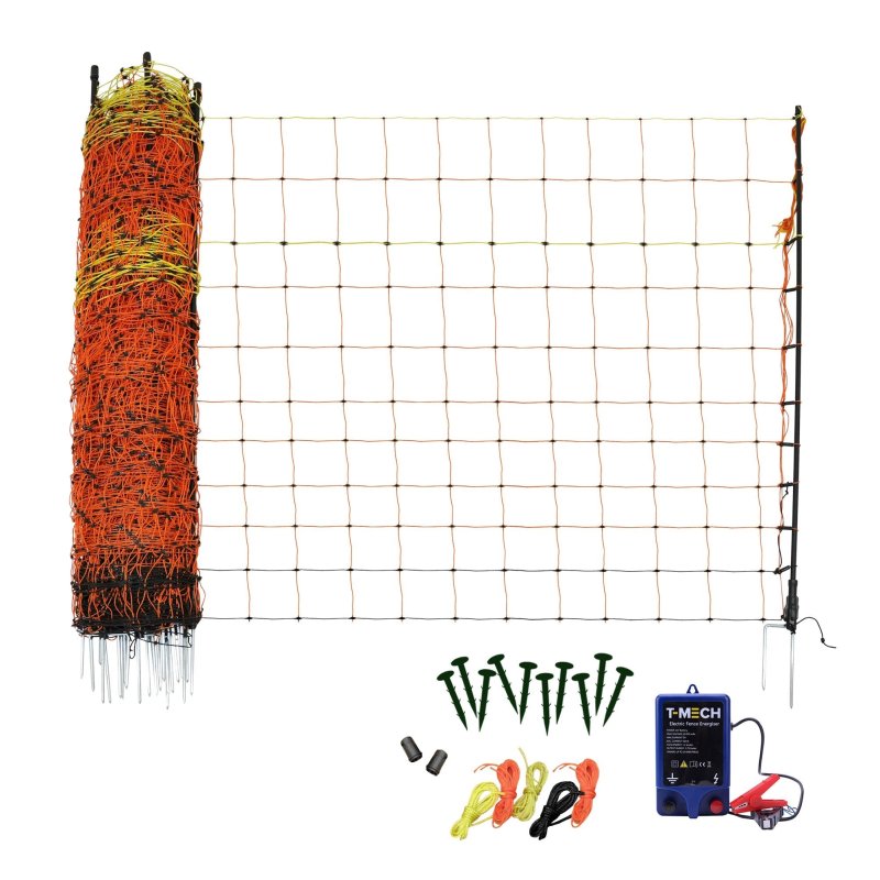 Electric Fence Energiser & Poultry Netting 50m Roll Fencing Battery Powered Controller 10KM Range Chicken Hen Turkey Net Mesh 11 Wires 120cm High 14 Double Spikes Repair Kit Ground Spikes Earth Stake