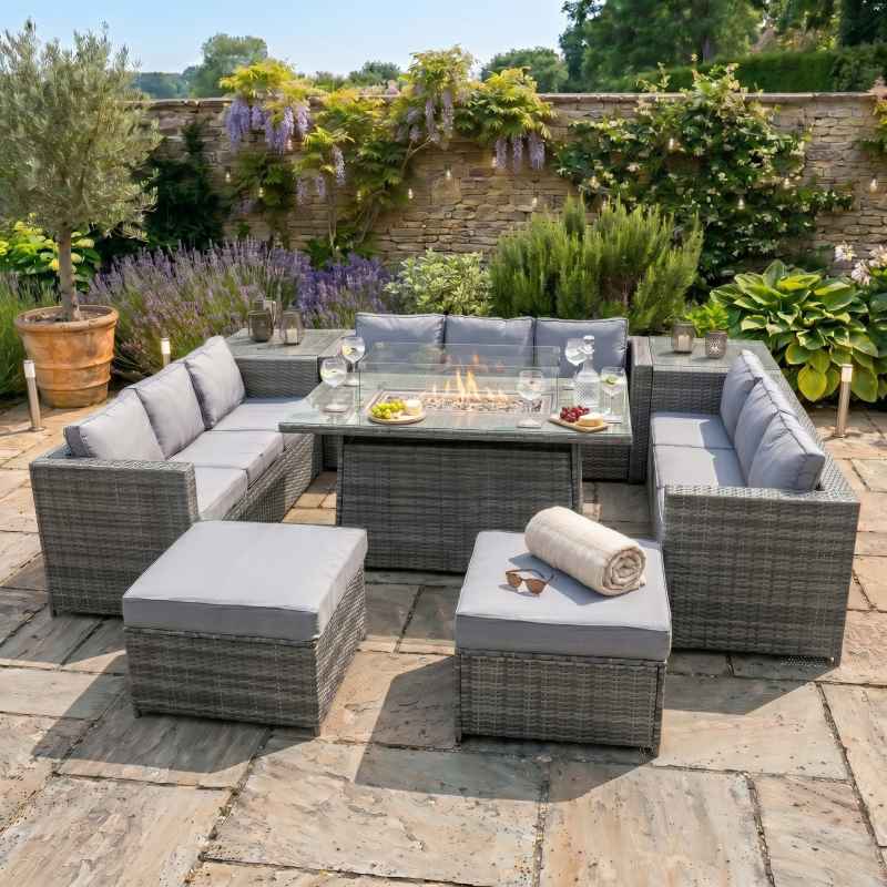 11 Seater Rattan Furniture Set With Firepit - Grey