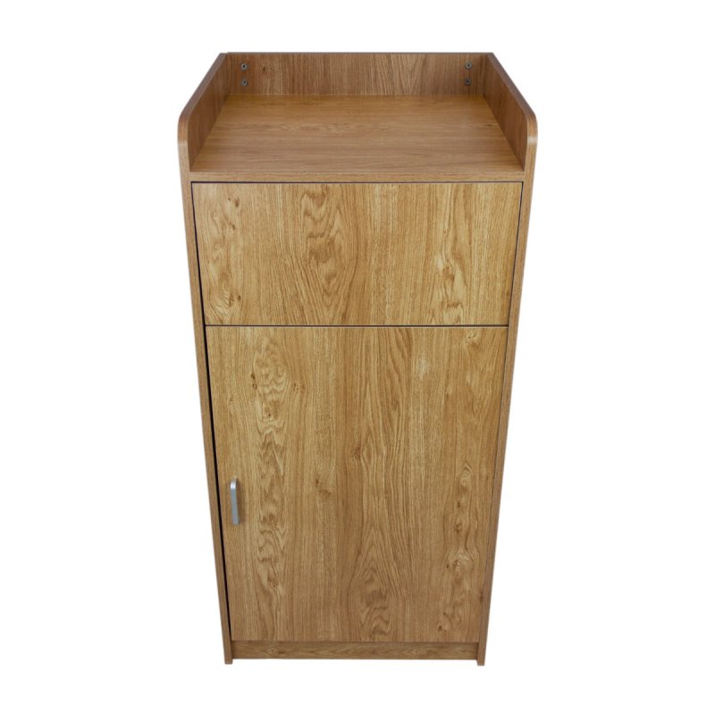 Wooden Litter Bin & Tray Stand Light Oak Finish Commercial Restaurant Food Hall Takeaway Cafe Waste Bin Enclosure Cabinet Swing Door Melamine MDF FREE 100L Rubbish Bin FREE Black Vinyl Stickers
