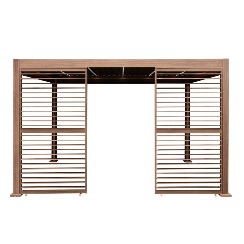 Wood Effect Aluminium Pergola With Blinds, 2 x Side Panels & LED Lights - 4m x 3m