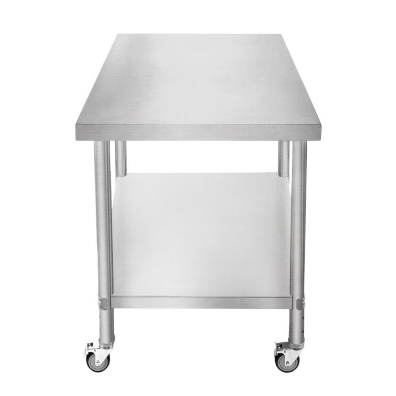 Catering Work Bench Table Stainless Steel Food Prep Kitchen Mobile 4 x Castor Wheels With 2 Brakes & 4 Adaptable Feet Adjustable Lower Shelf 3 Positions 160kg Load Capacity 76cm x 90cm x 86cm