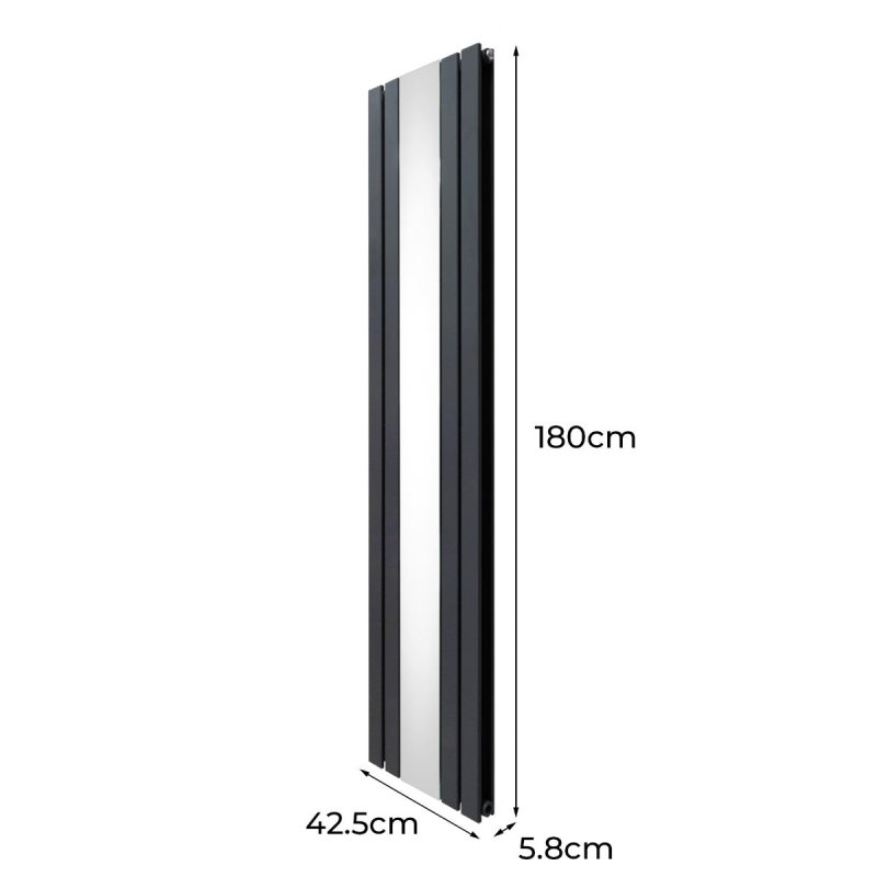 Flat Panel Radiator With Mirror 1800mm x 425mm & TRV Chrome Valves Designer Double Column Vertical Anthracite Grey Carbon Steel Wall Mounted Kitchen Living Room Cleaning Brush Fixing Kit & Brackets