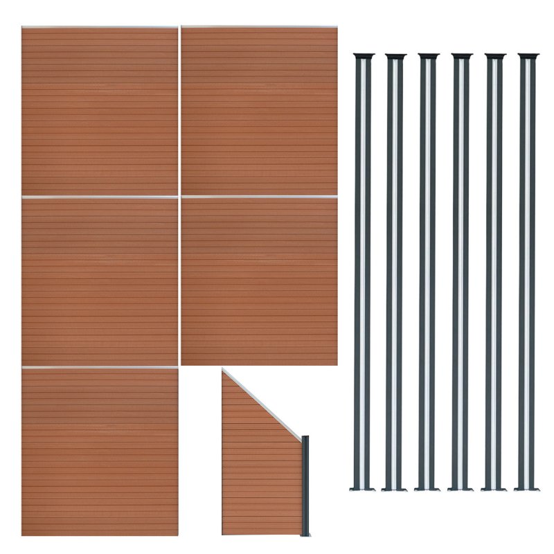 Composite Fence Panels, Angled Piece & LED Posts 6ft x 31.5ft - Brown