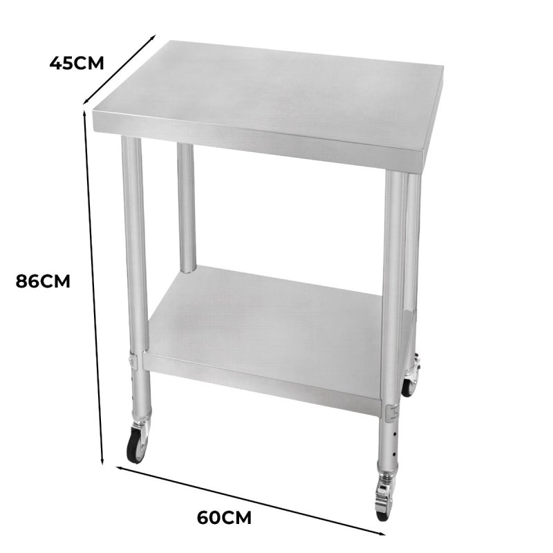 Catering Work Bench Table Stainless Steel Food Prep Kitchen Mobile 4 x Castor Wheels With 2 Brakes & 4 Adaptable Feet Adjustable Lower Shelf 3 Positions 160kg Load Capacity 60cm x 45cm x 86cm