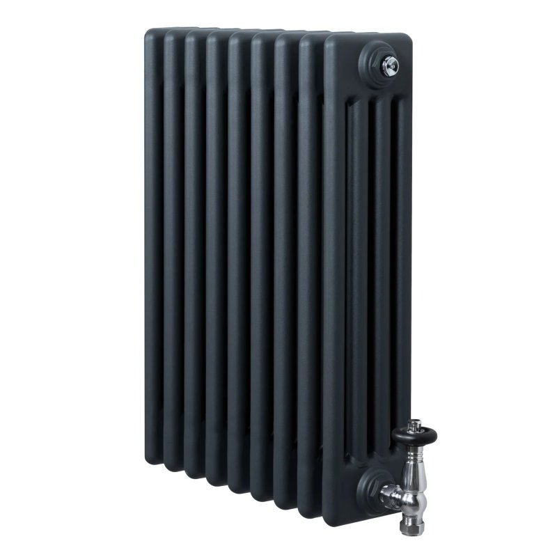 Traditional 4 Column Radiator & Valves - 600 x 425mm - Anthracite Grey