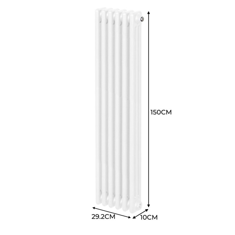 Traditional 3 Column Radiator 1500mm x 292mm Modern Central Heating Heater Gloss White Carbon Steel Vertical Wall Mounted Kitchen Living Room Bathroom Cleaning Brush Fixing Kit & Brackets