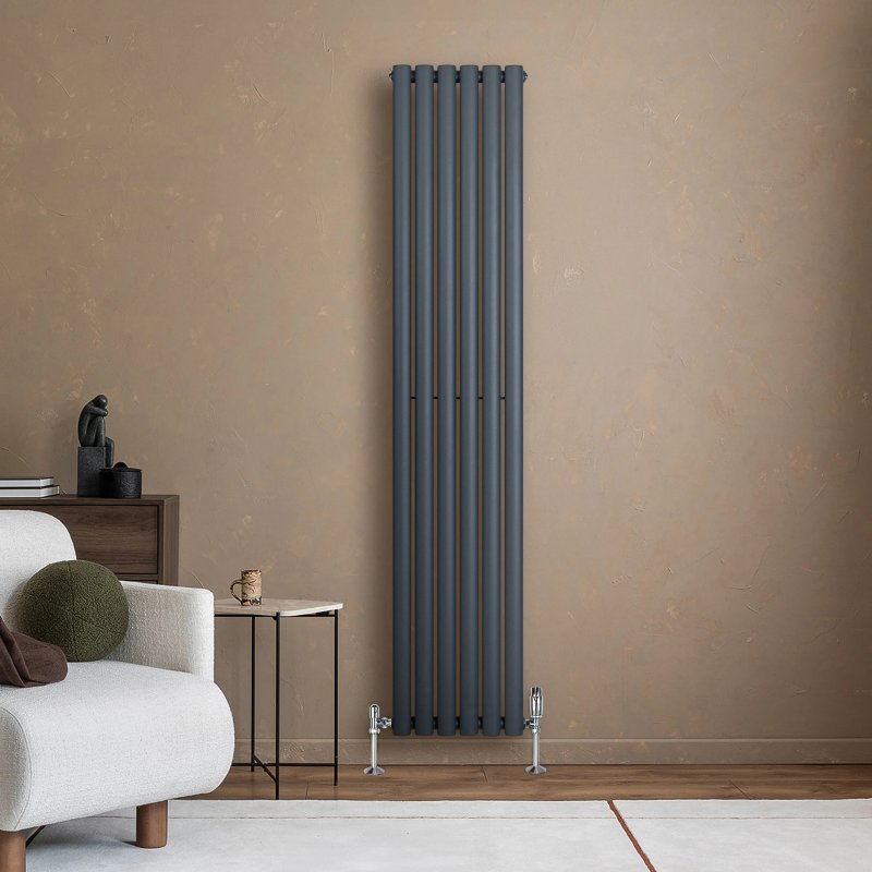 Oval Single Column Radiator & Valves - 1800mm x 360mm - Anthracite Grey