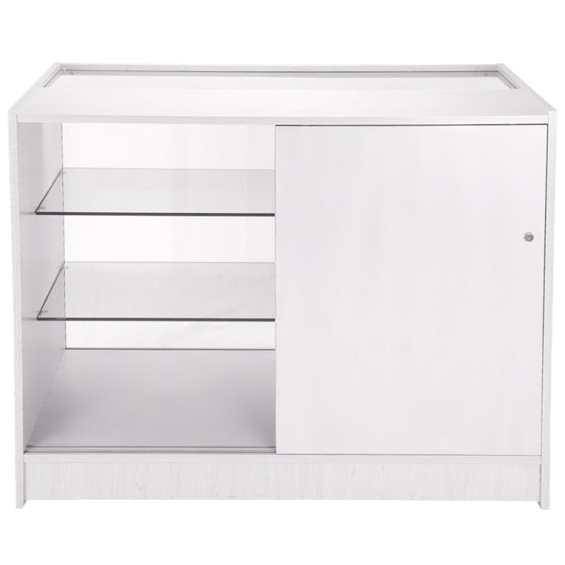 Retail Glass Shelf Product Display Shop Counter Showcase Lockable Cabinet Unit White - K1200