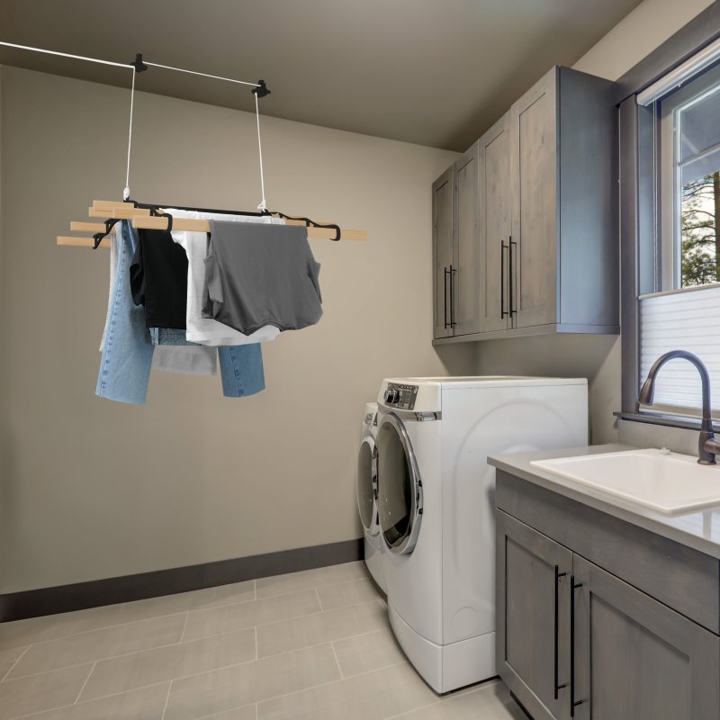 Clothes Airer Ceiling Pulley 6 Lath 0.9m Black Maid Traditional Mounted Clothing Dryer Victorian Clothes Horse Laundry Drying Rack Extendable Cast Iron Varnished Pine Kitchen Utility FREE Fixing Kit